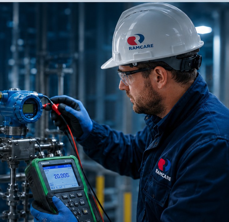 Ramcare engineer calibrating a process pressure transmitter on-site